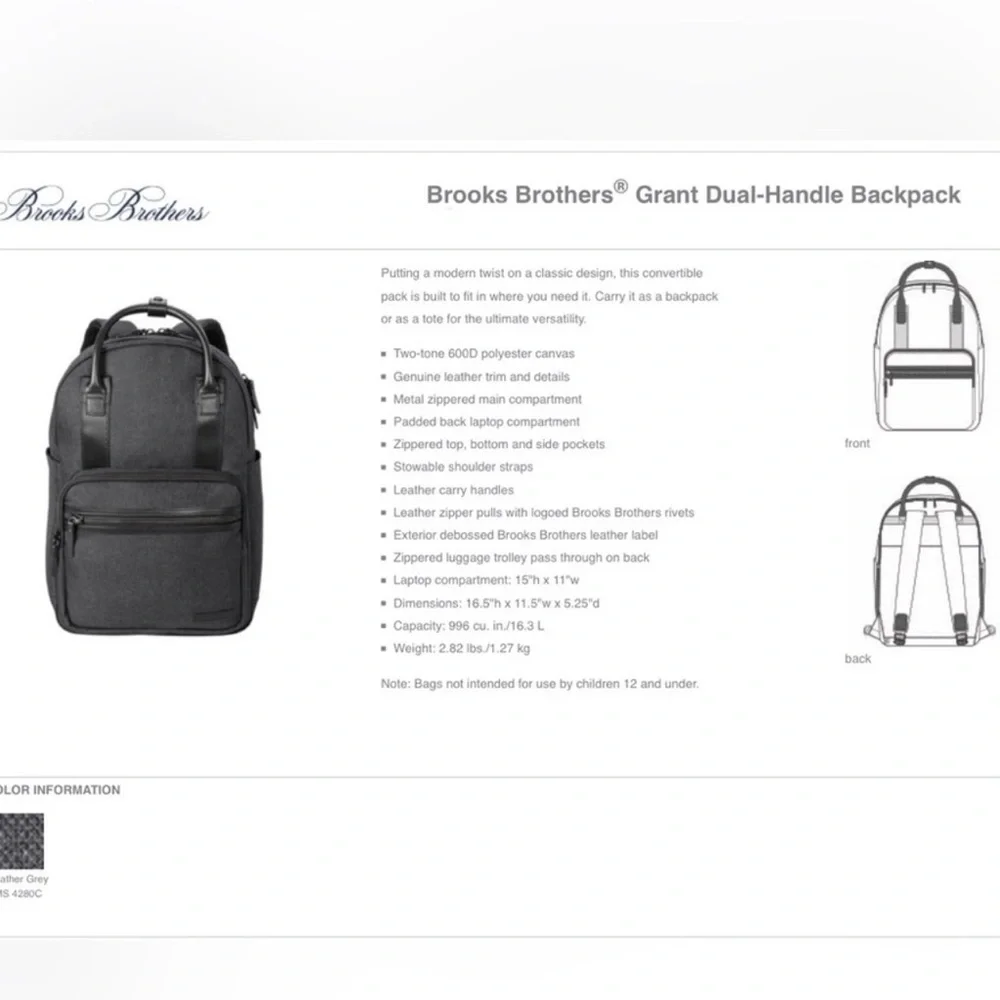 Brooks Brothers GRANT Dual‎ Handle Backpack NWOT